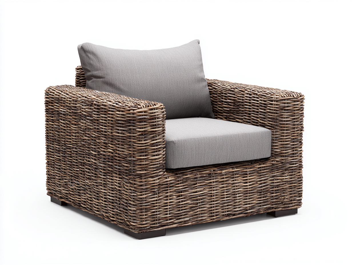 Fauteuil en rotin tressé 90x85x75 cm – Brun clair et gris – Assise confortable – Design naturel-Houseovae