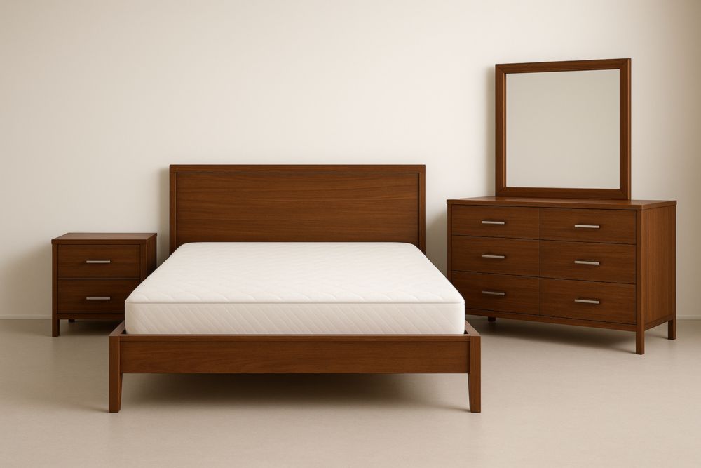 Set Camera da Letto in Legno di Noce con Letto, Comodino e Cassettiera