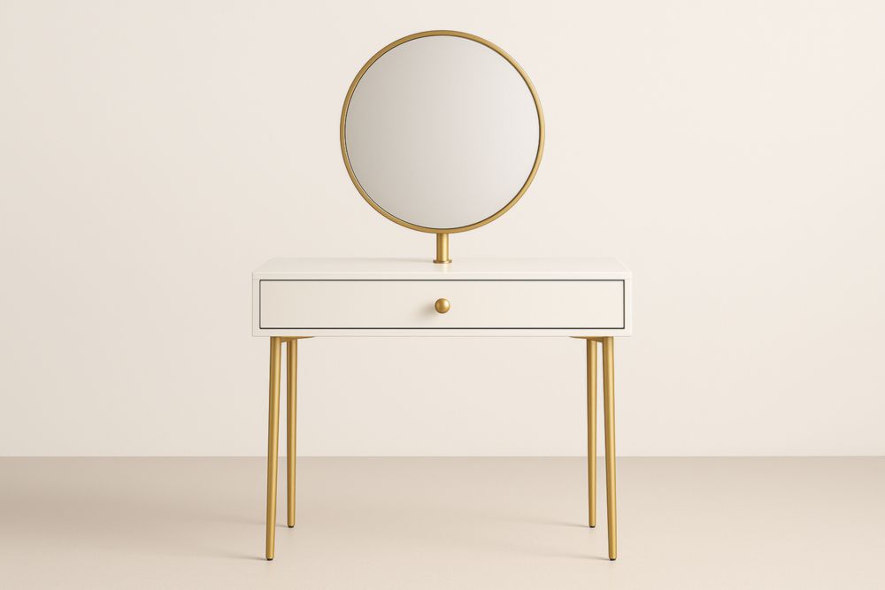 Tavolo da Toeletta con Specchio Rotondo Bianco Oro in MDF e Metallo