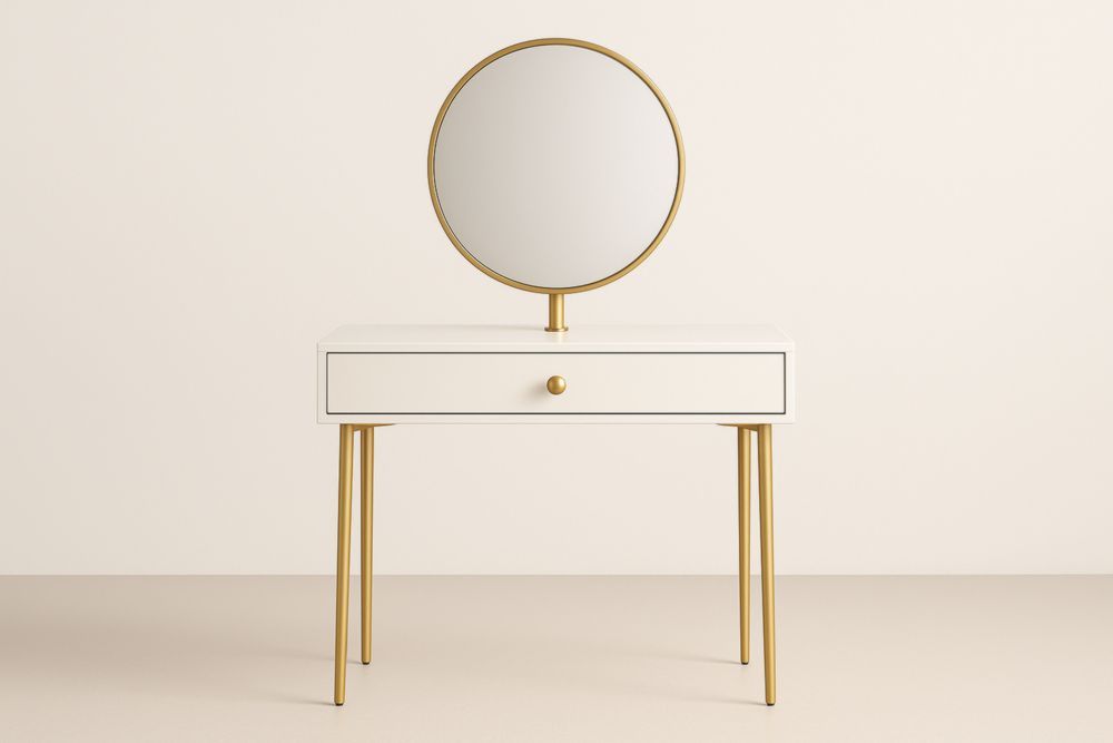 Tavolo da Toeletta con Specchio Rotondo Bianco Oro in MDF e Metallo