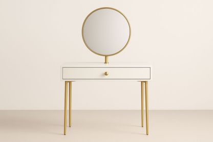 Tavolo da Toeletta con Specchio Rotondo Bianco Oro in MDF e Metallo