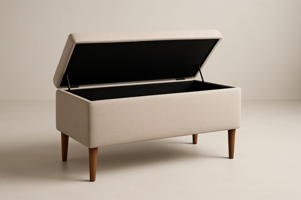 Panca Contenitore Rettangolare in Tessuto Beige con Gambe in Legno Massello