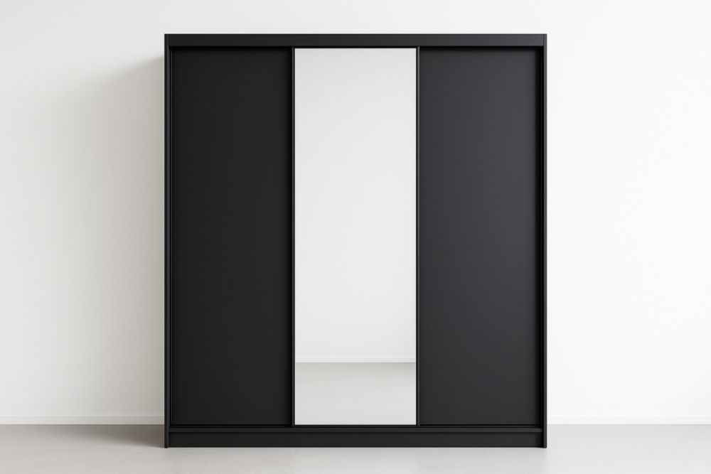 Armadio Scorrevole con Specchio in Legno Massello Nero