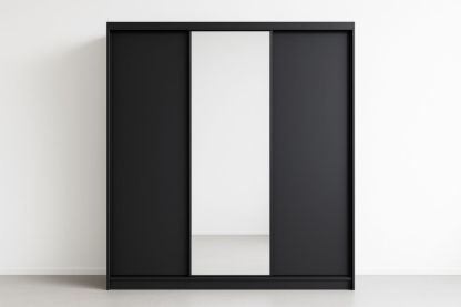 Armadio Scorrevole con Specchio in Legno Massello Nero