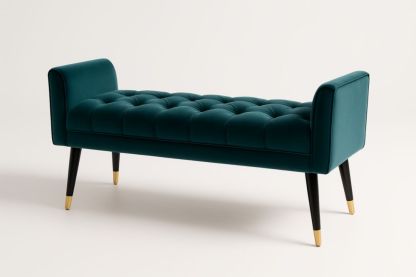 Panca in velluto verde con gambe in legno massello e dettagli dorati