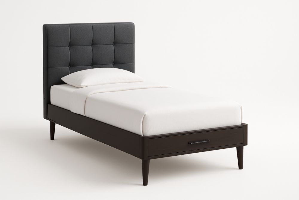 Letto Singolo con Testiera Imbottita Grigio e Telaio con Cassetto in Legno