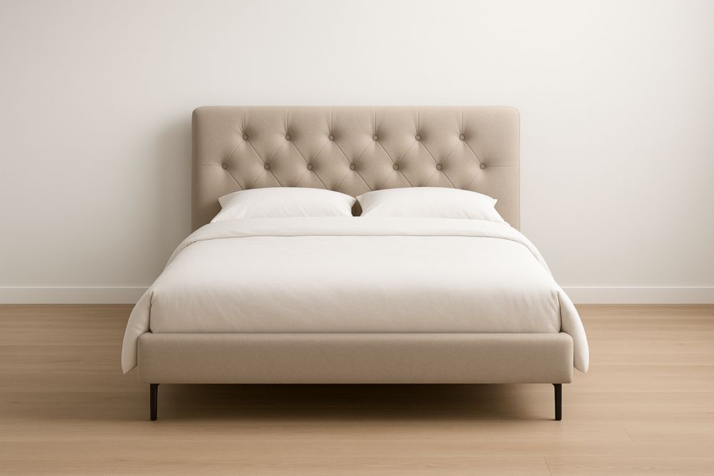 Letto imbottito in tessuto beige con struttura in legno 200x160 cm