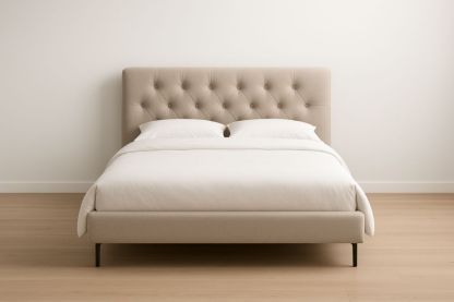 Letto imbottito in tessuto beige con struttura in legno 200x160 cm