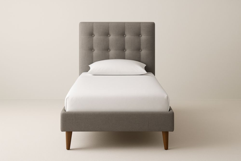 Letto singolo imbottito in lino con struttura in legno