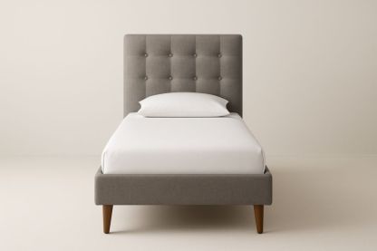 Letto singolo imbottito in lino con struttura in legno