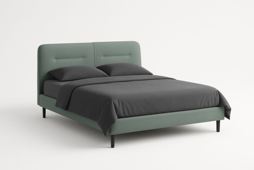 Letto matrimoniale in tessuto verde con struttura in acciaio