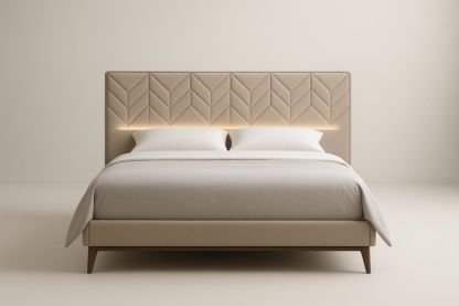 Letto Matrimoniale in Tessuto Beige con Testiera Design e Gambe in Legno