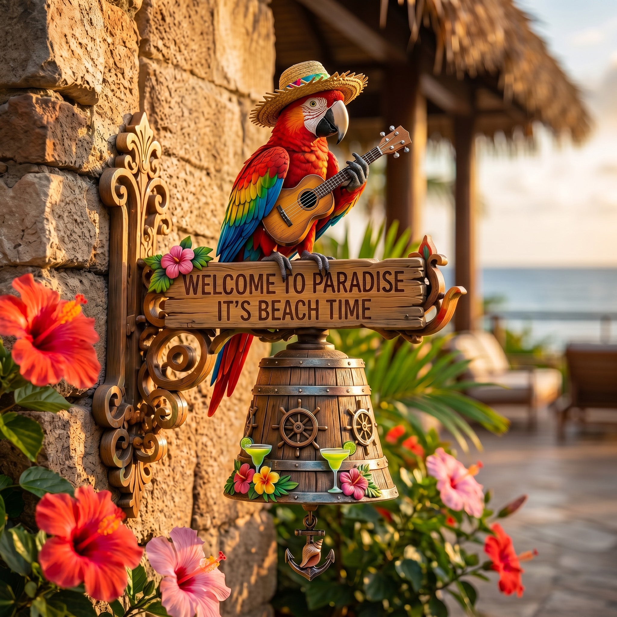 🔥Last Day 50% OFF Sola🔥-🐠 "Parrot Head Paradise Welcome to Paradise" Tropical Wall Bell