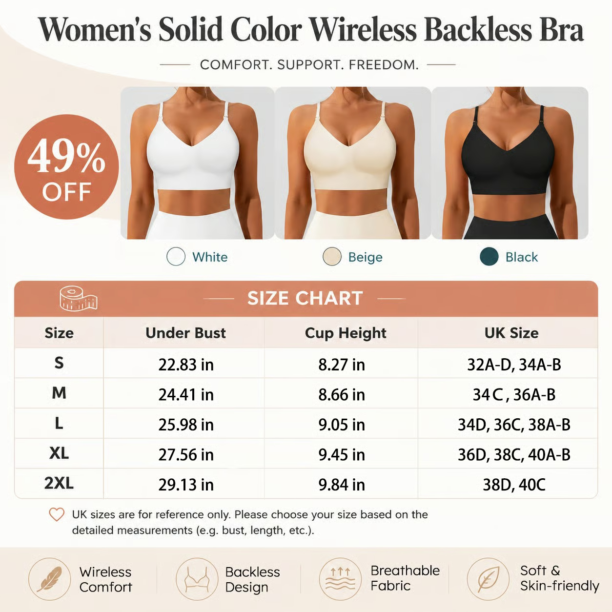 🔥Final Day Offer – Solid Wireless Backless Bra for Women