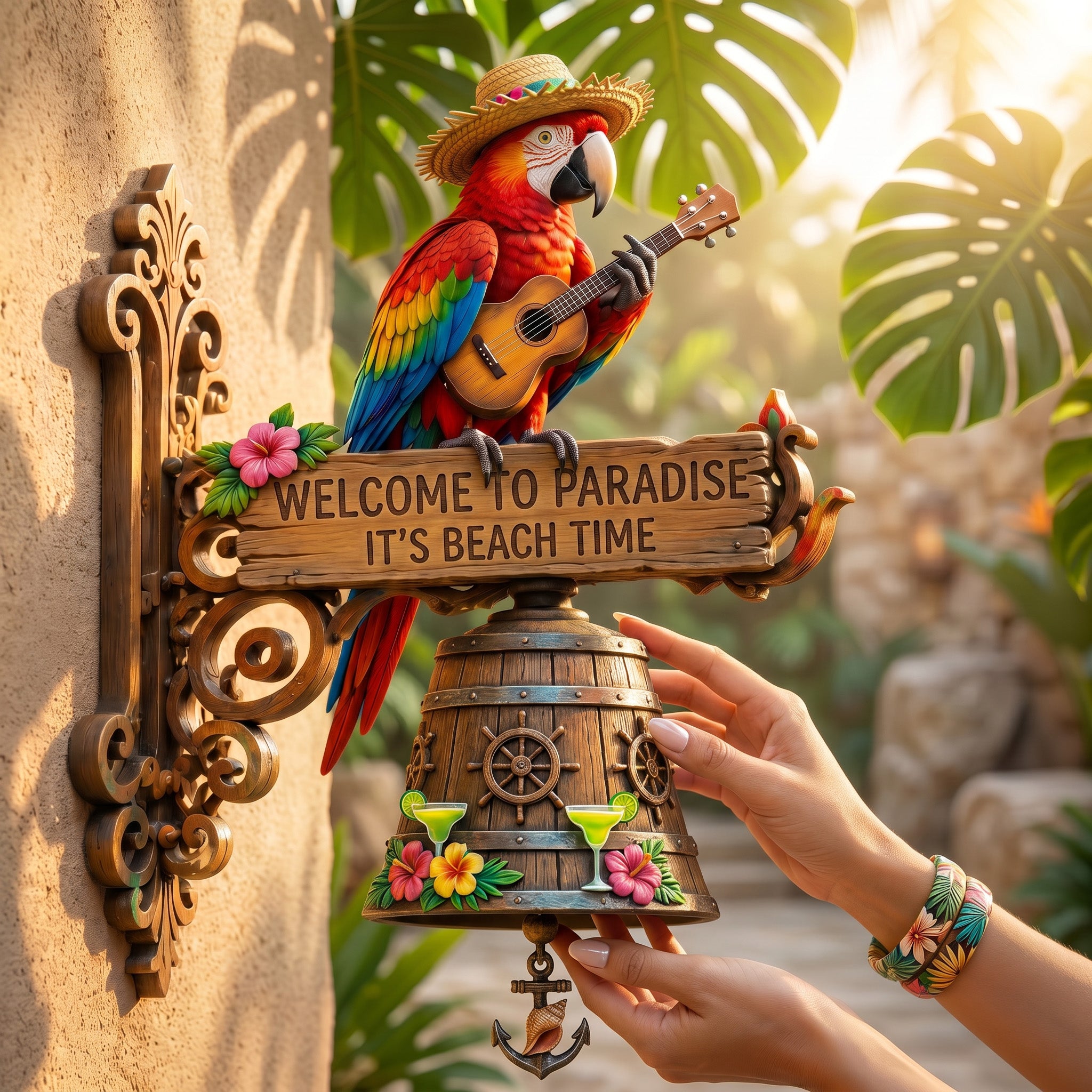 🔥Last Day 50% OFF Sola🔥-🐠 "Parrot Head Paradise Welcome to Paradise" Tropical Wall Bell