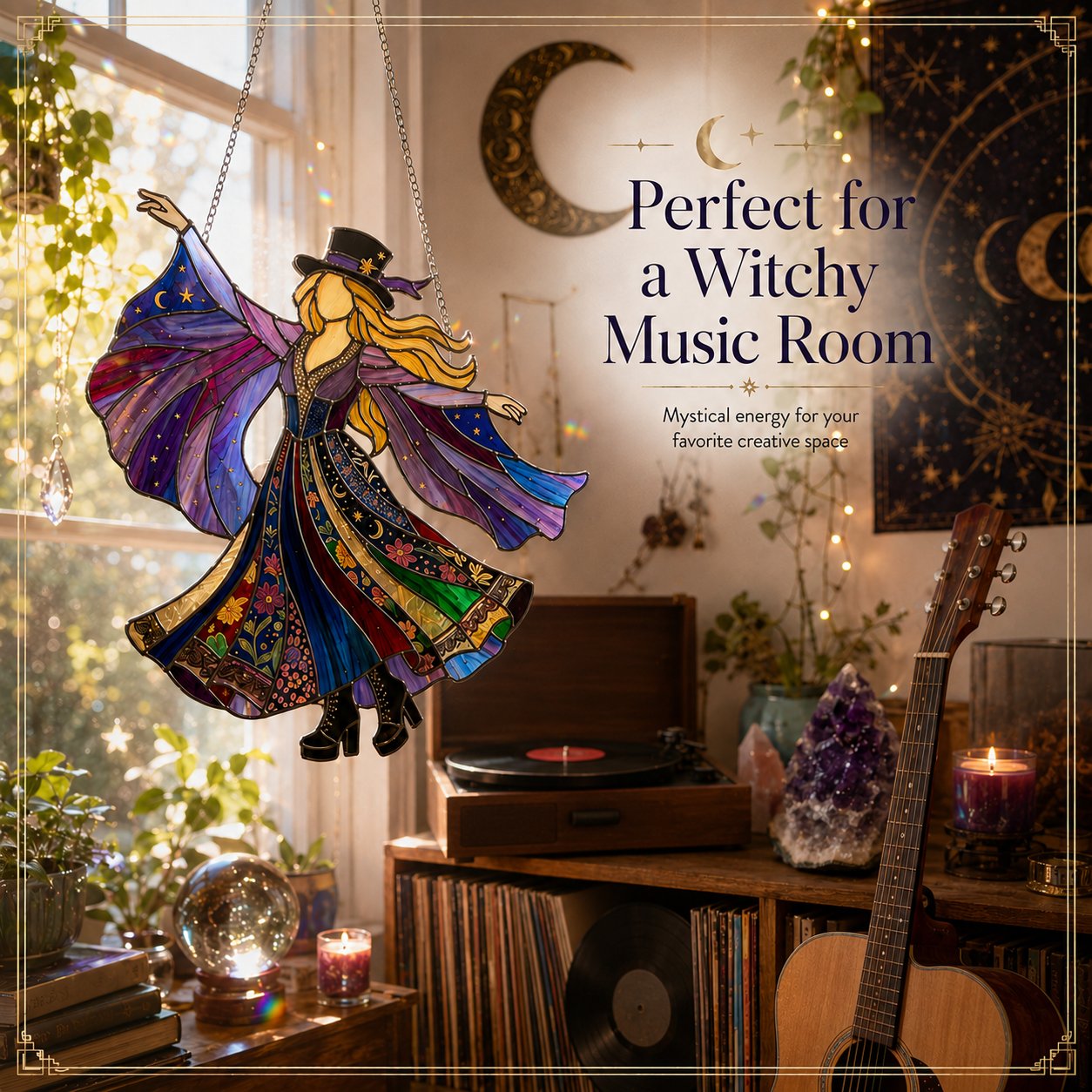 🌙 Witchy Rock Muse Acrylic Suncatcher Ornament – Rainbow Window Charm for Music Lovers