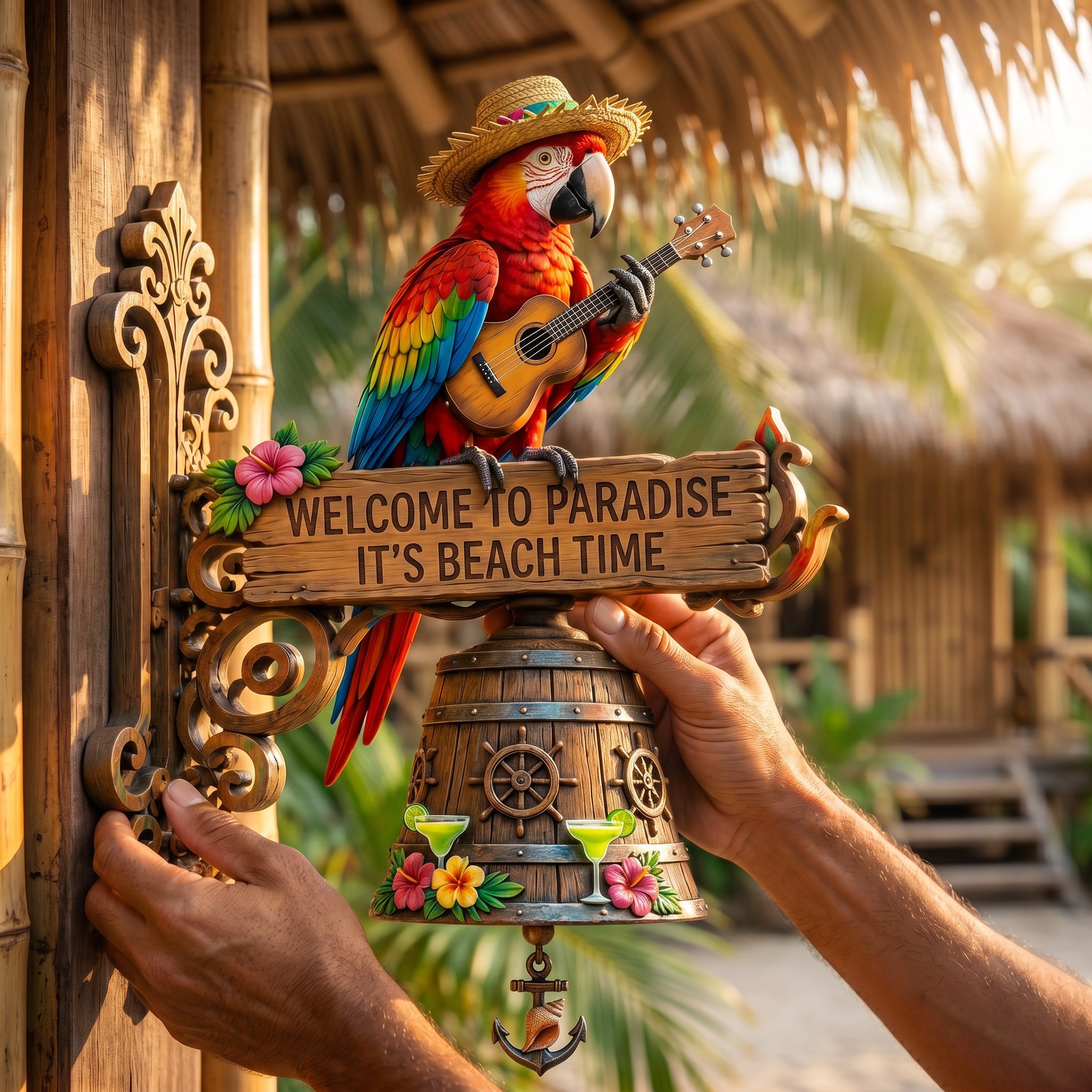 🔥Last Day 50% OFF Sola🔥-🐠 "Parrot Head Paradise Welcome to Paradise" Tropical Wall Bell