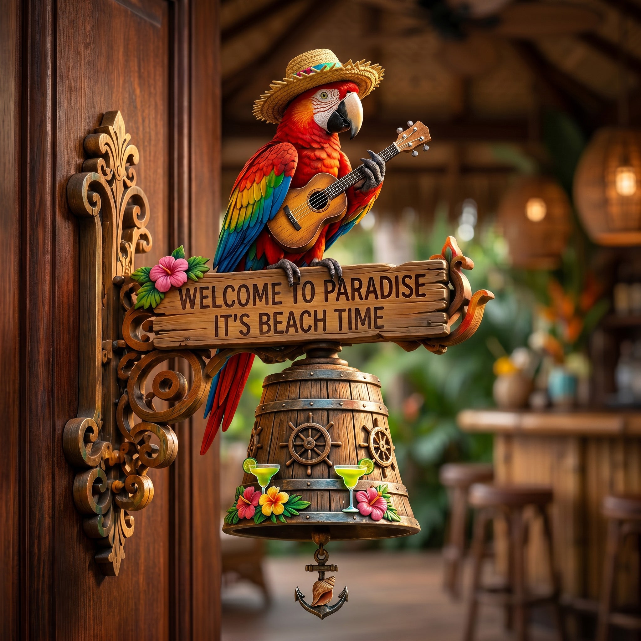 🔥Last Day 50% OFF Sola🔥-🐠 "Parrot Head Paradise Welcome to Paradise" Tropical Wall Bell