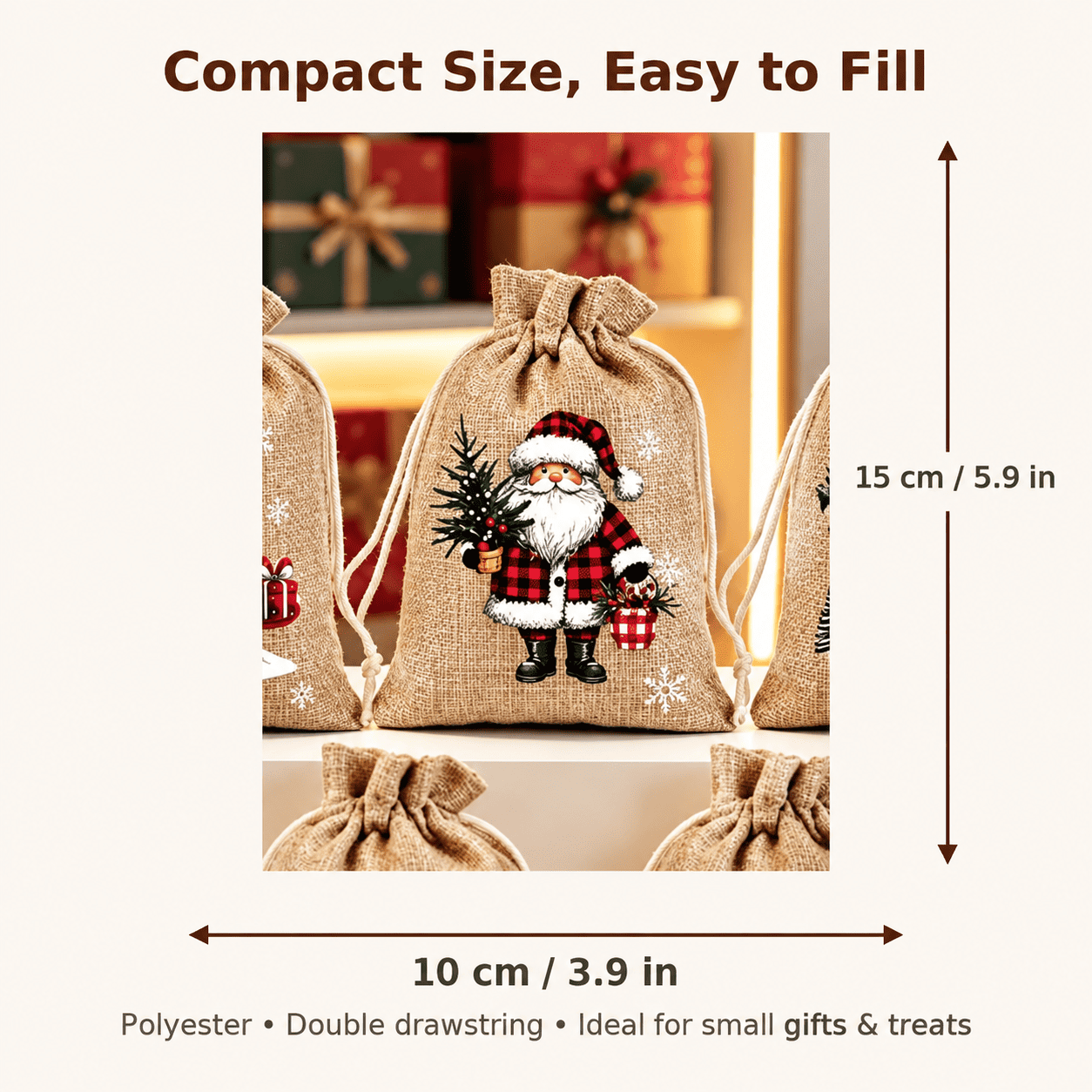 🎄 Christmas Drawstring Gift Bags – Festive Santa & Reindeer Prints, Double Drawstring Closure & Durable Fabric