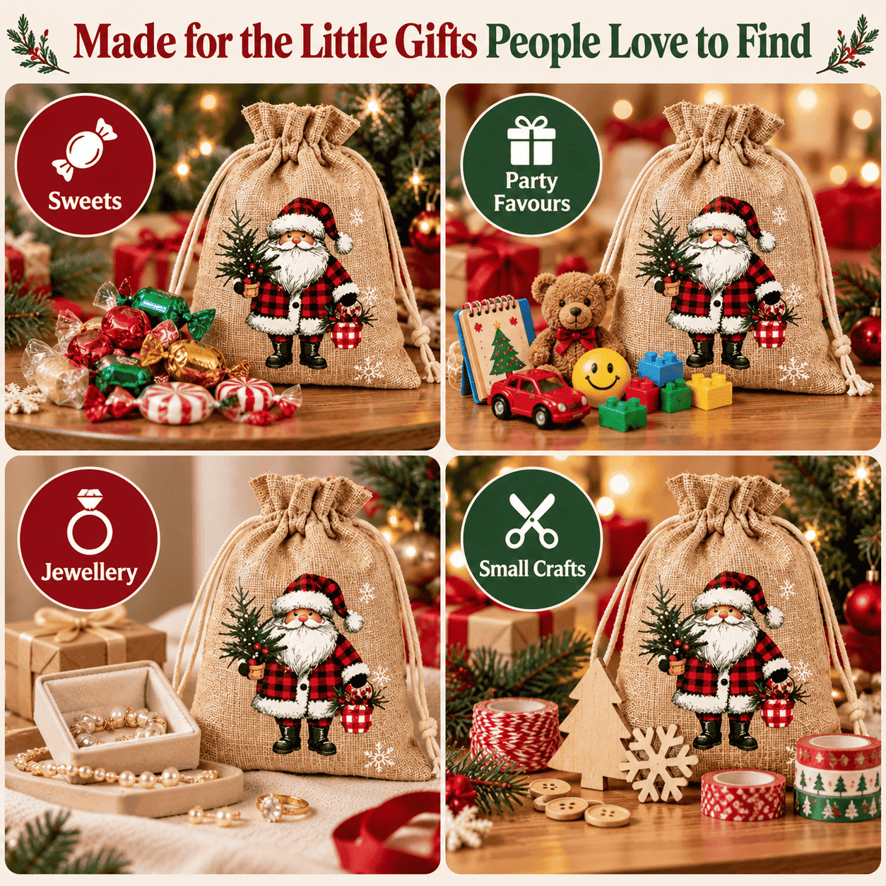🎄 Christmas Drawstring Gift Bags – Festive Santa & Reindeer Prints, Double Drawstring Closure & Durable Fabric