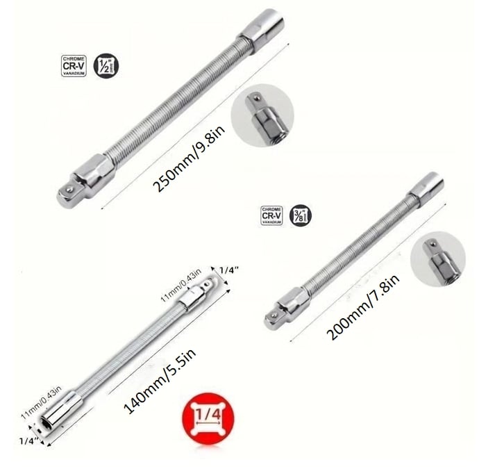 2026 Hot Sale💖 Socket Ratchet Wrench Set - 3 Bendable Shafts, Wrench Extender Tool, Connecting Rod