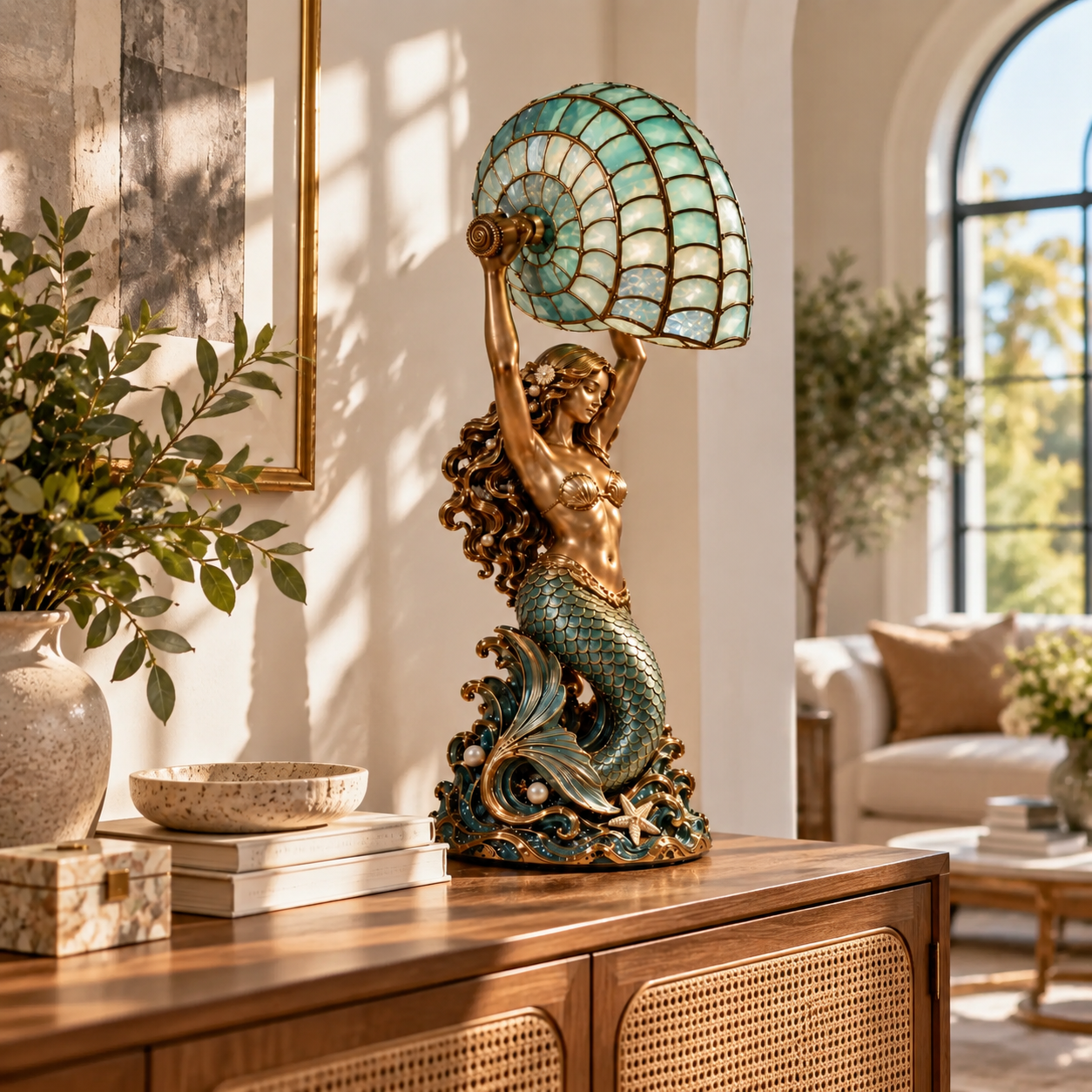 Vintage Mermaid Nautilus Lamp glowing at night