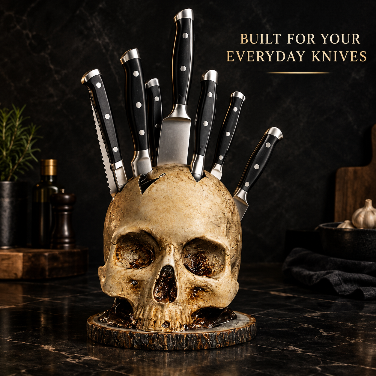Bonehold skull knife block holding everyday kitchen knives