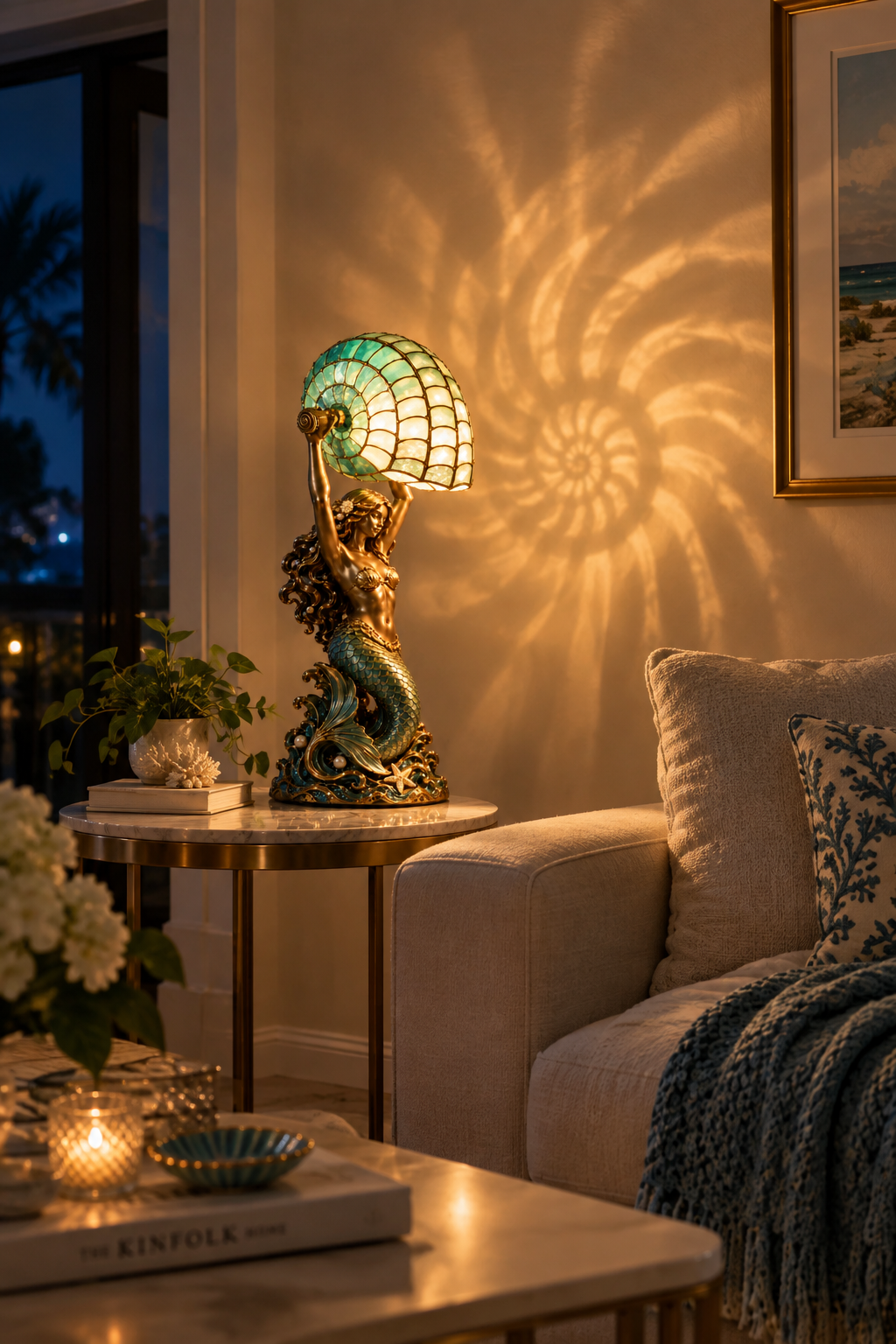 Vintage Mermaid Nautilus Lamp in a real home