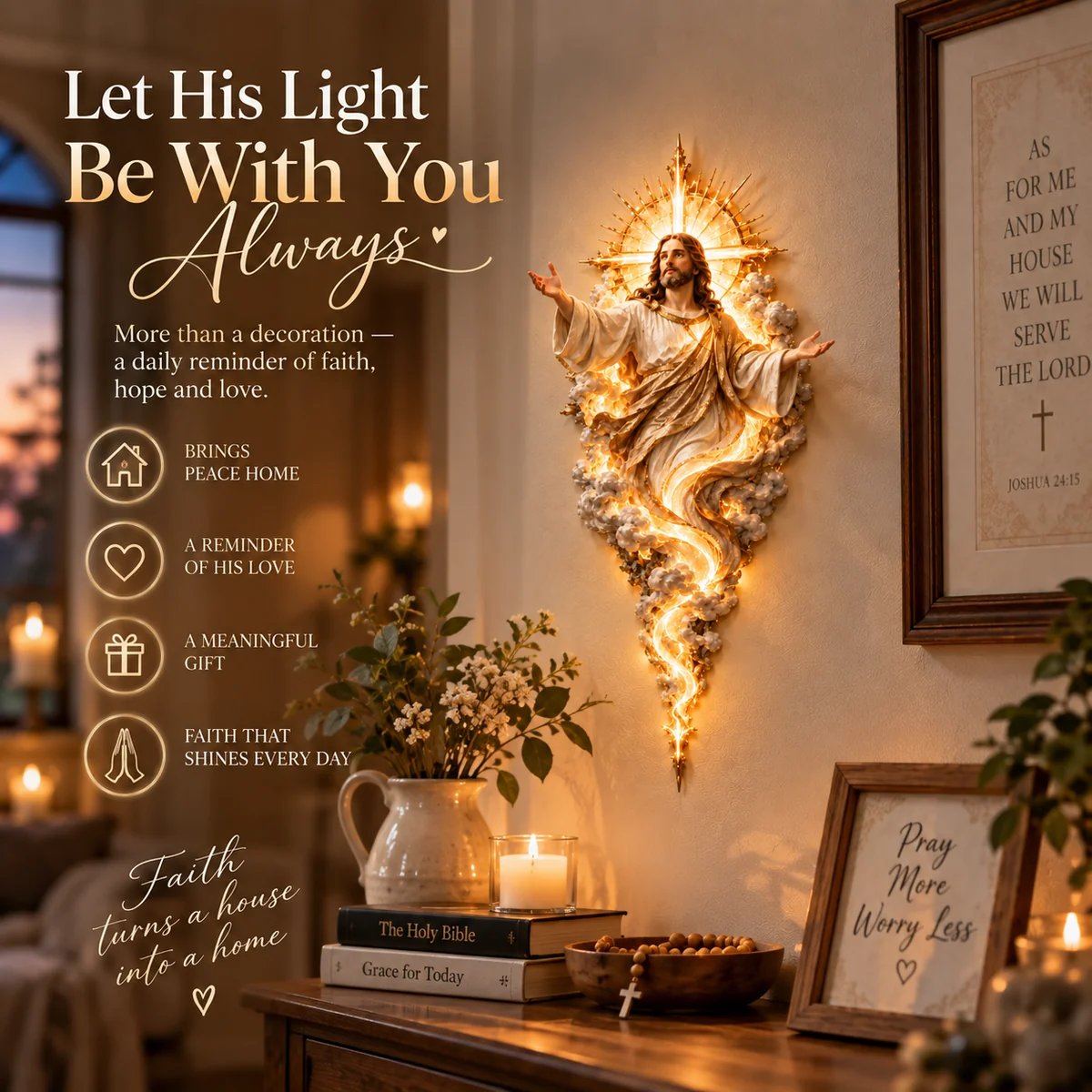 Woman beside illuminated Light of the World Jesus sculpture
