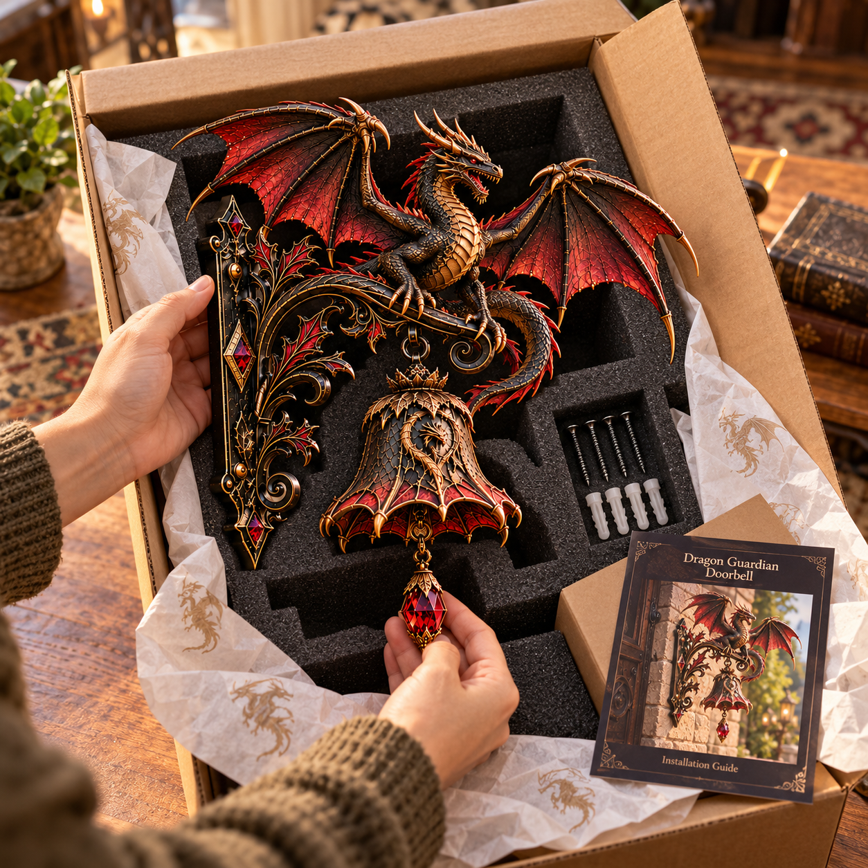 Dragon Guardian Welcome Bell packaging with protective foam, mounting pieces and installation guide