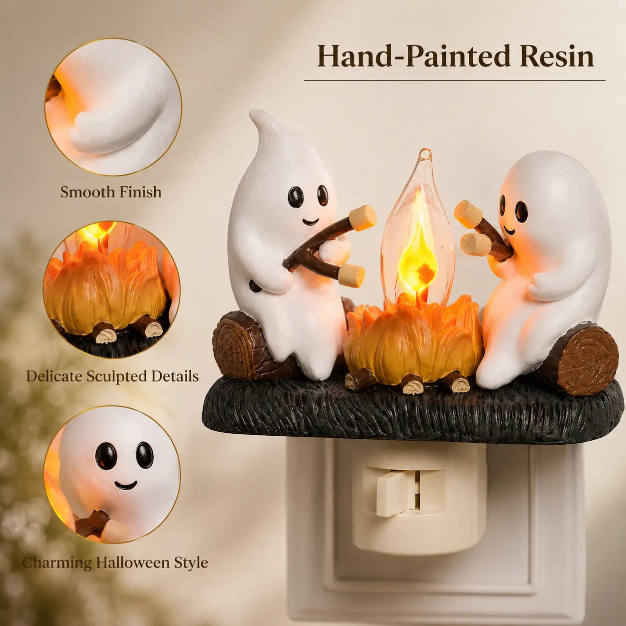 3D Flickering Campfire Plug-In Night Light, Halloween & Christmas Character LED Nightlight, Cute Indoor Holiday Decoration for Bedroom, Hallway and Gifts, Resin