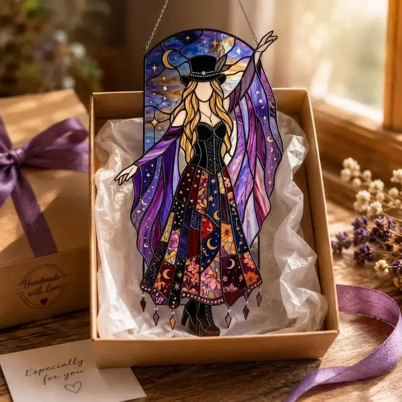 🌙 Witchy Rock Muse Acrylic Suncatcher Ornament – Rainbow Window Charm for Music Lovers