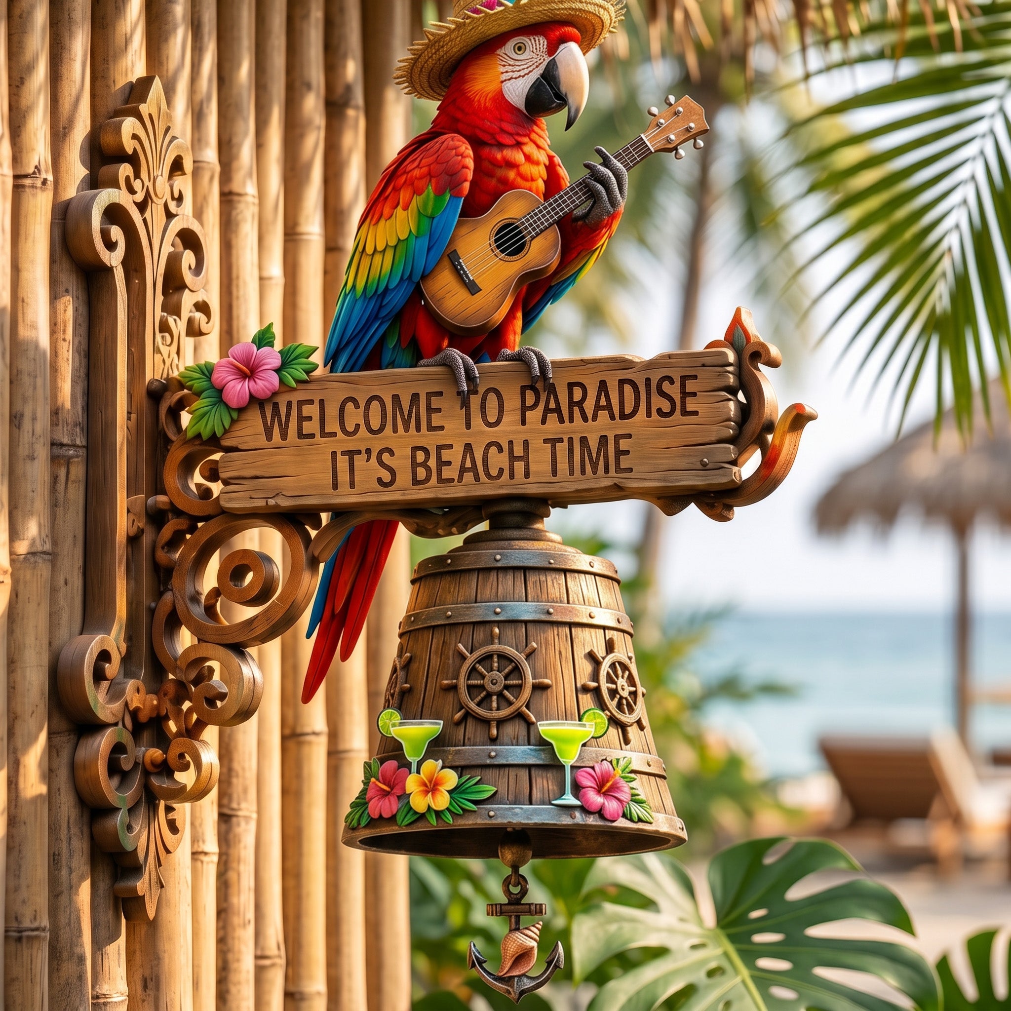 🔥Last Day 50% OFF Sola🔥-🐠 "Parrot Head Paradise Welcome to Paradise" Tropical Wall Bell