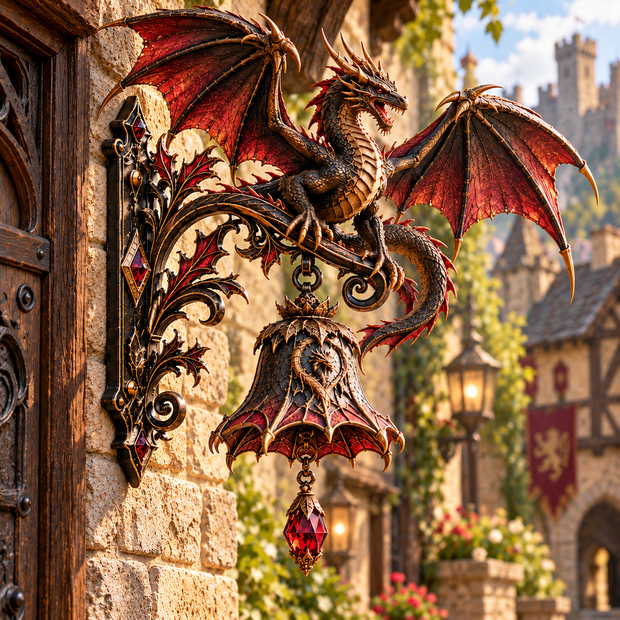 Dragon Guardian Gothic Welcome Bell mounted beside a doorway