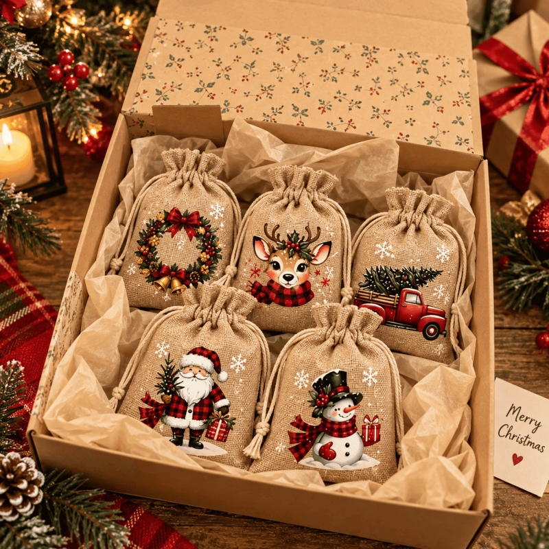Festive Christmas drawstring gift bags