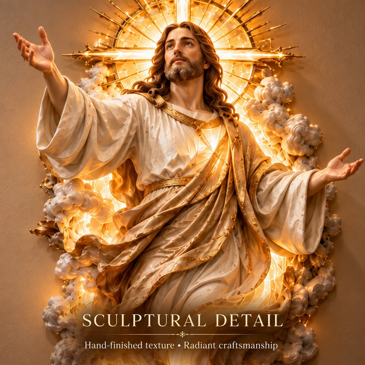 Close-up details of Light of the World Jesus wall sculpture