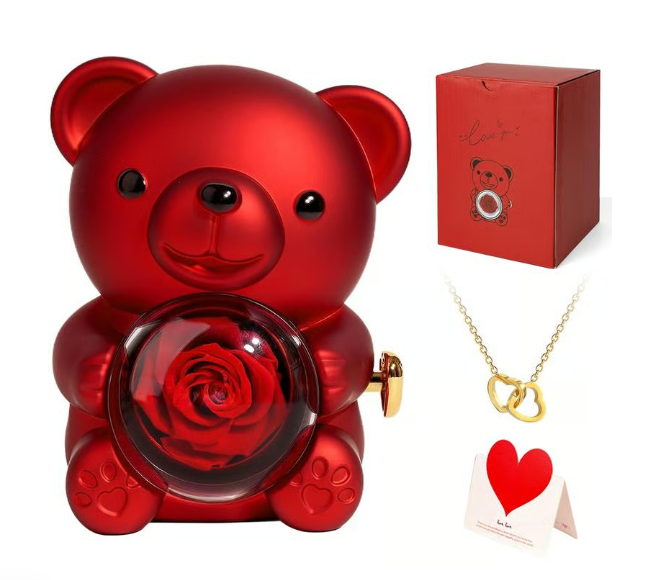 🎁hot Sale Promotion 49% Off🔥【necklace Included】cute Teddy Bear With Preserved Rose