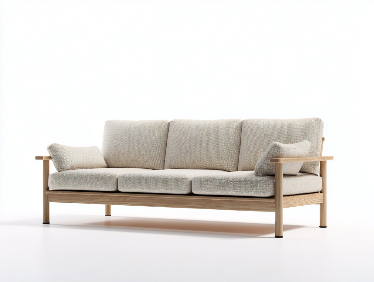 3-Sitzer Sofa Stoff Massivholz 215x80x78cm - beige/helle holzfarbe - für Wohnzimmer - skandinavisches Design