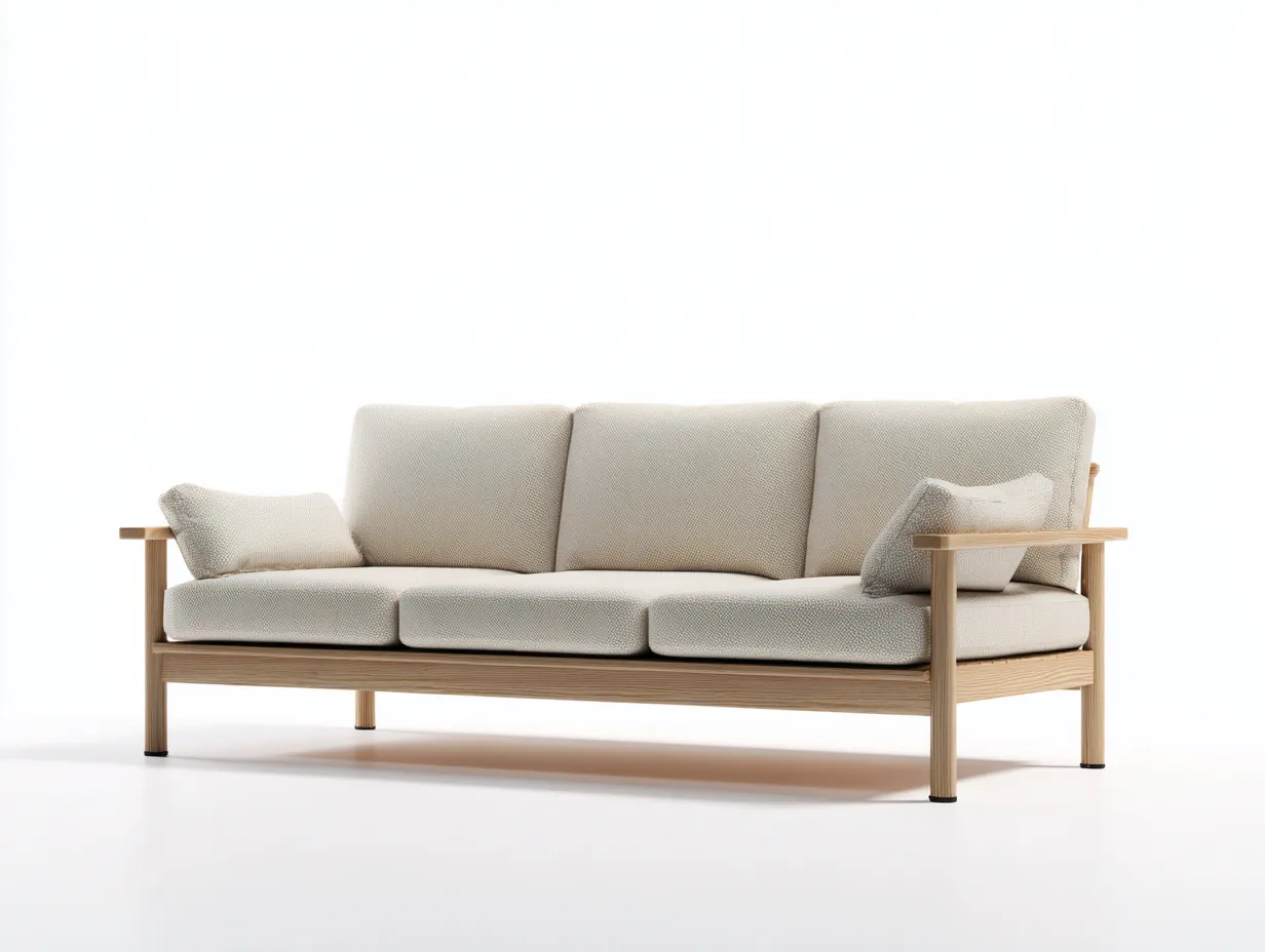 3-Sitzer Sofa Stoff Massivholz 215x80x78cm - beige/helle holzfarbe - für Wohnzimmer - skandinavisches Design