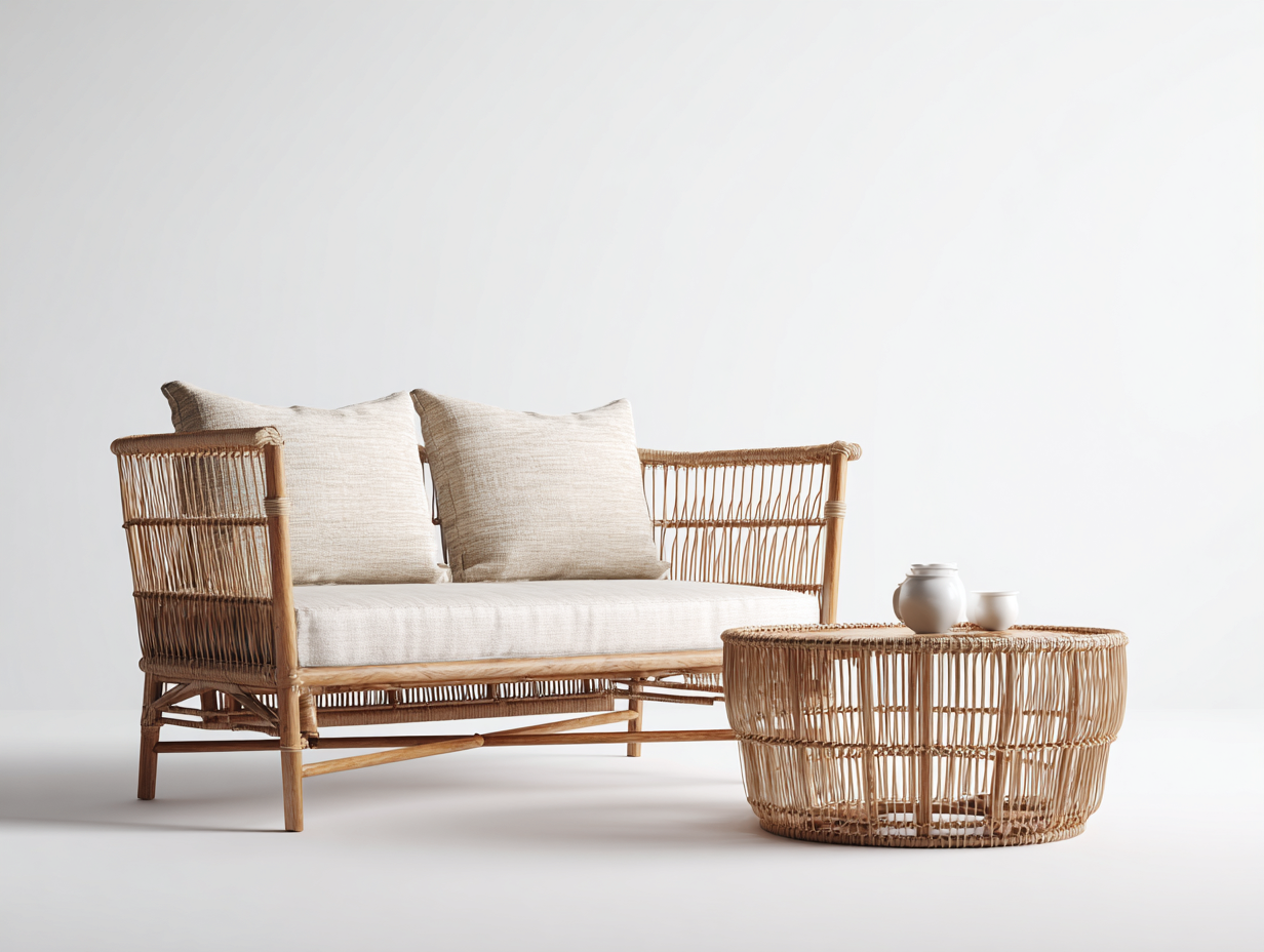 Sofa- und Couchtisch-Set aus Rattan - Sofa 160x80x75 cm - natur/beige - für Garten und Terrasse