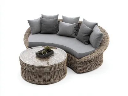 Sofa- und Couchtisch-Set Rattan - Sofa 210x110x75 cm - Grau/Natur - für Garten und Terrasse - modernes Lounge-Design