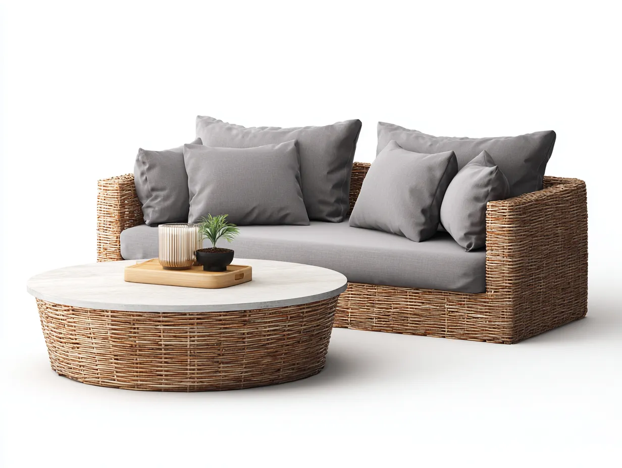 Sofa- und Couchtisch-Set aus Rattan - Sofa 200x80x75 cm - natur/grau - für Garten und Terrasse