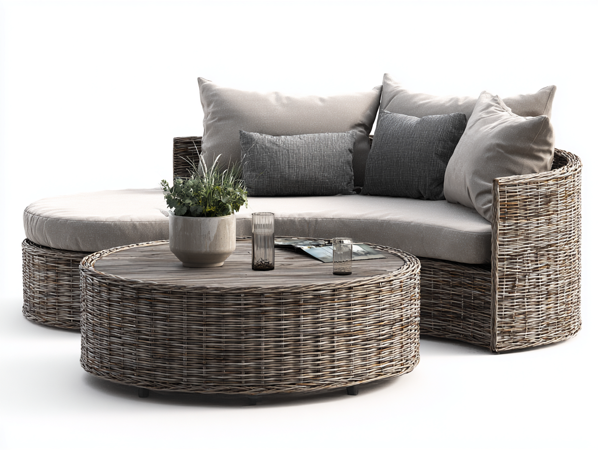 Sofa- und Couchtisch-Set aus Rattan - Sofa 210x85x78 cm - natur/grau - für Garten und Terrasse