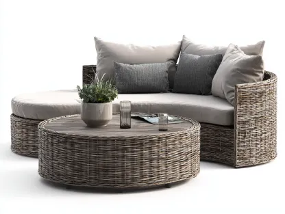 Sofa- und Couchtisch-Set aus Rattan - Sofa 210x85x78 cm - natur/grau - für Garten und Terrasse