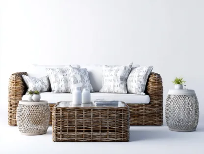 Sofa- und Couchtisch-Set Rattan - Sofa 215x95x75 cm - Weiß/Natur - für Garten und Terrasse - modernes Lounge-Design