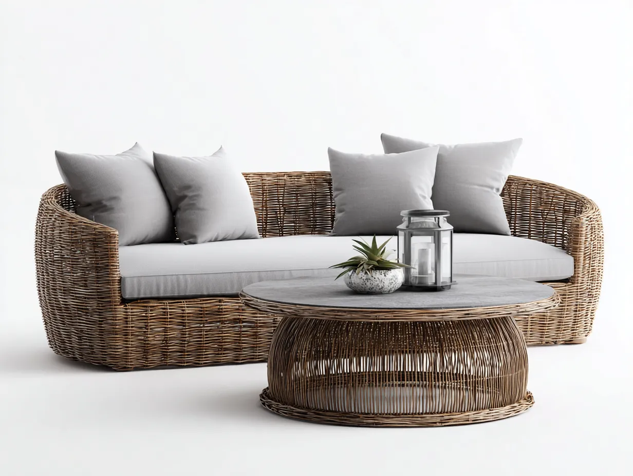 Sofa- und Couchtisch-Set aus Rattan - Sofa 215x90x75 cm - natur/hellgrau - für Garten und Terrasse und Outdoor