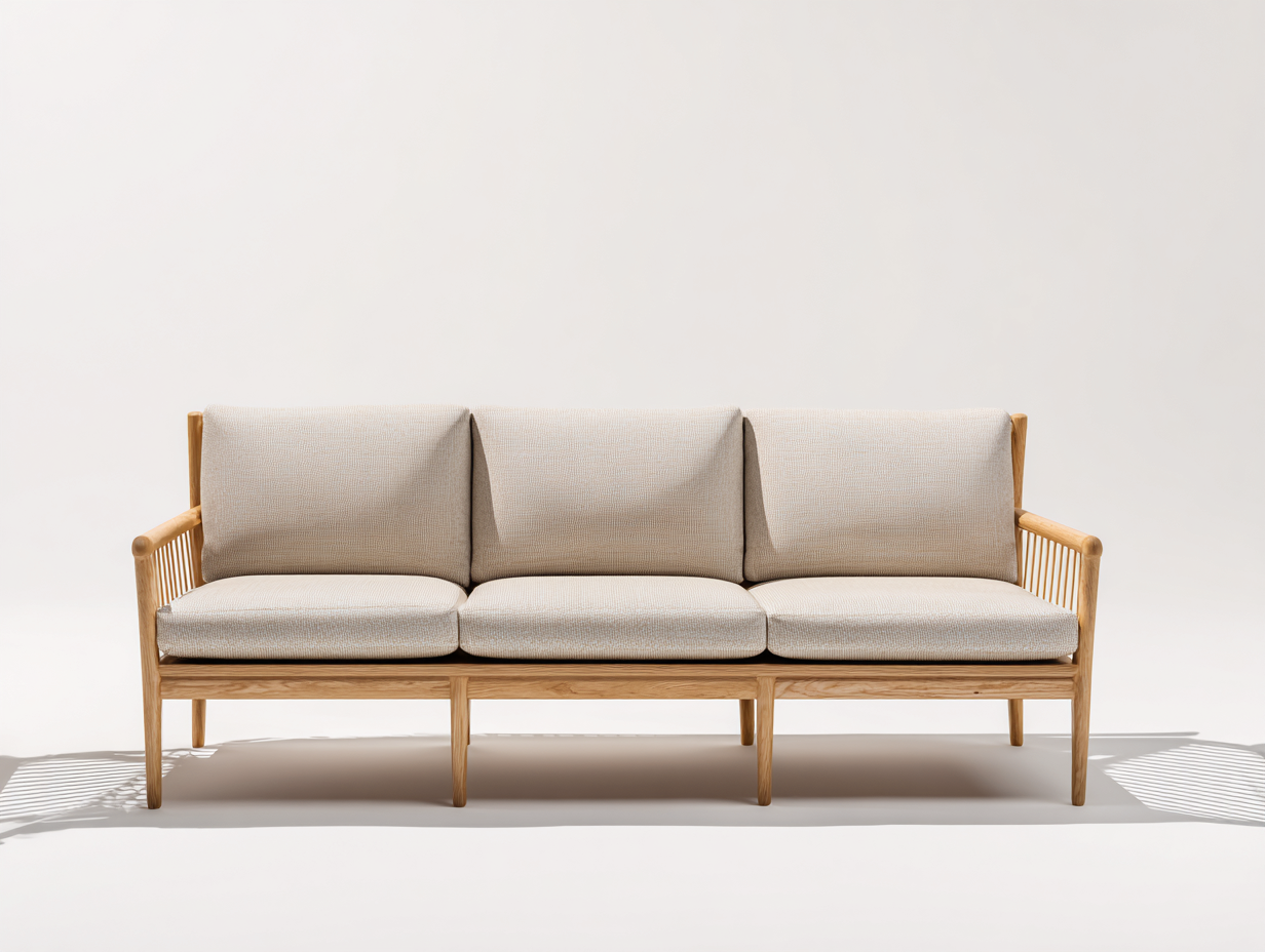 3-Sitzer Sofa Massivholz Stoff 210x80x78 cm - beige/Naturholzfarbe - für Wohnzimmer - moderner Stil