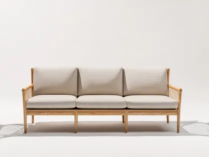 3-Sitzer Sofa Massivholz Stoff 210x80x78 cm - beige/Naturholzfarbe - für Wohnzimmer - moderner Stil