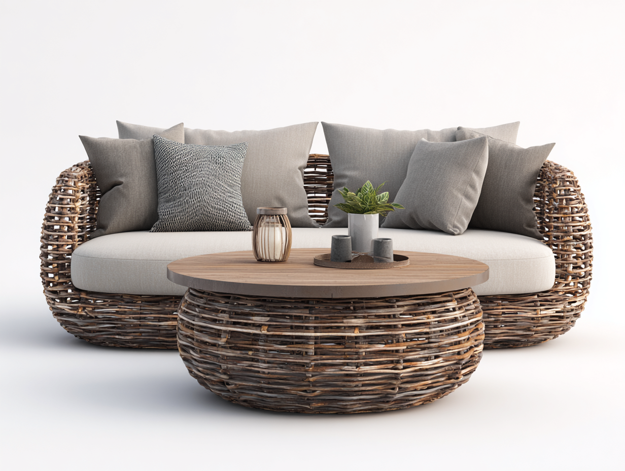 Sofa- und Couchtisch-Set Rattan - Sofa 210x110x75 cm - Beige/Natur - für Garten und Terrasse - modernes Lounge-Design