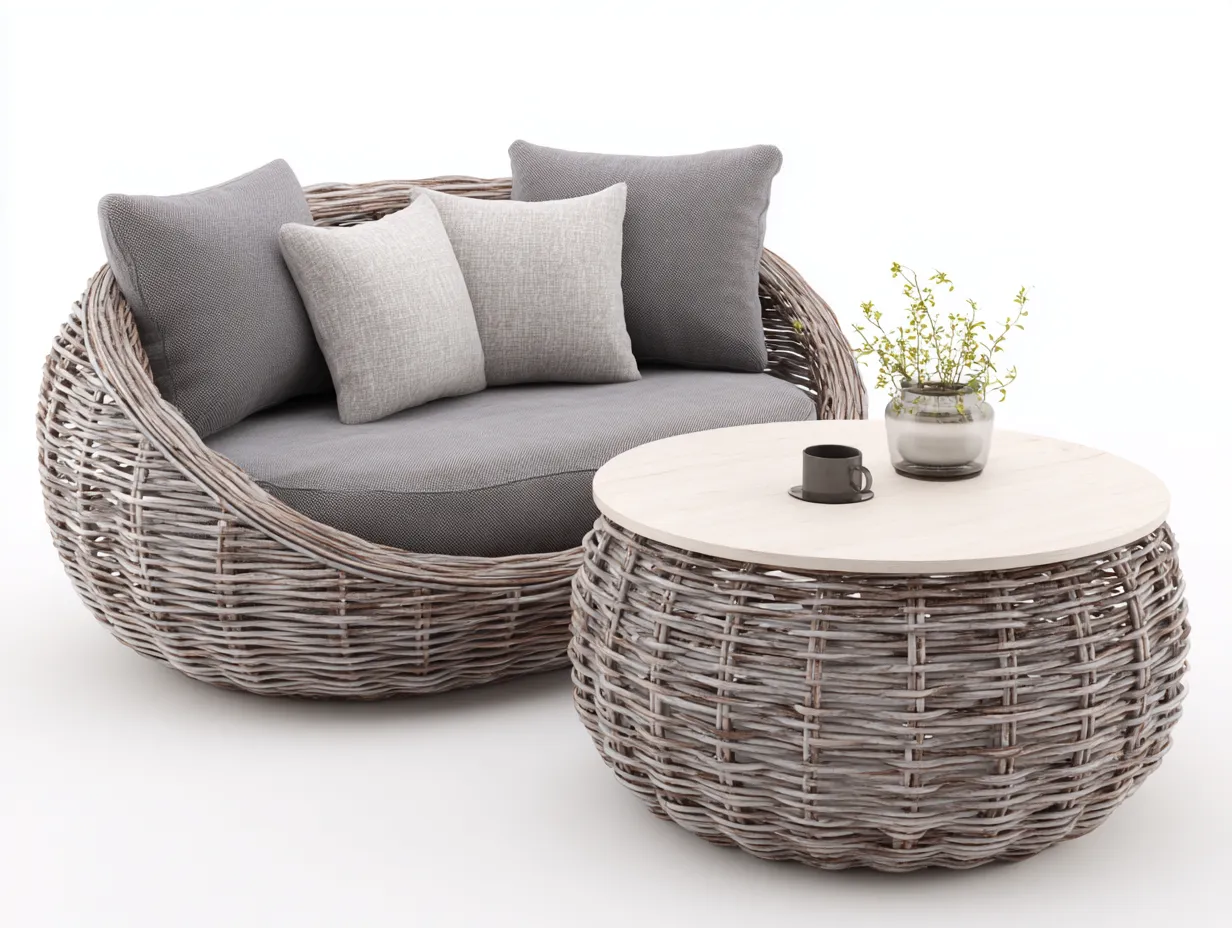 Sofa- und Couchtisch-Set Rattan - Sofa 200x105x75 cm - Grau/Natur - für Garten und Outdoor - modernes Lounge-Design